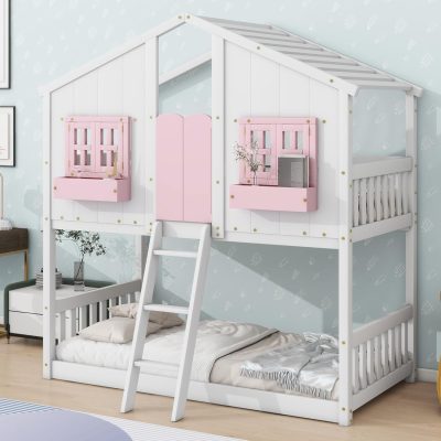 A charming white and pink kids' bedhouse with a ladder, designed for children’s bedrooms, combining playfulness and comfort. Perfect for adventurous little ones who love cozy, imaginative spaces.