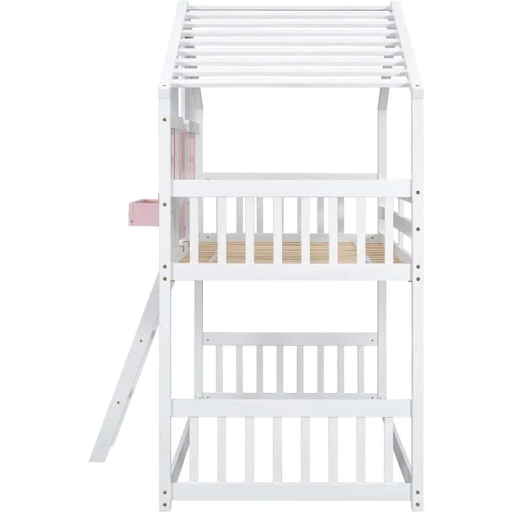 Whimsical white wooden playhouse bed with multiple levels, perfect for kids' bedrooms, combining fun and sleep in one cozy design.