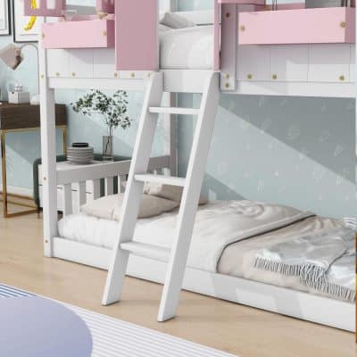 Modern white bunk bed with pink accents, ladder, and safety rails ideal for kids' bedroom, providing safety, comfort, and space-saving design for family bedrooms.