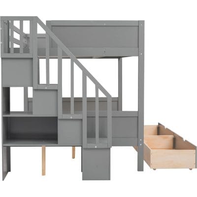 Modern gray loft bed with built-in storage, stairs, and a pull-out drawer for kids' bedroom organization. Durable and stylish furniture for maximizing space.