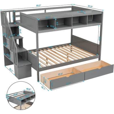 Modern grey loft bed with stairs, drawers, and shelves for space-saving children's bedroom furniture. Perfect for kids' rooms, combining bed, storage, and play space efficiently.