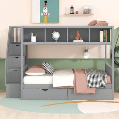 Bright grey kids bed with built-in drawers, desk and shelves for kids' bedroom organization, featuring modern design for children and teens.