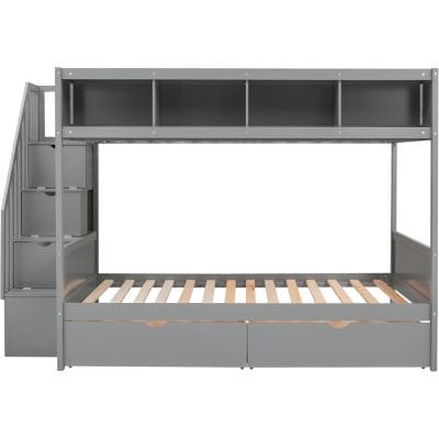 Modern gray loft bed with built-in drawers and shelves for space-saving bedroom organization. Perfect for kids and teens, combining comfort, style, and practicality.