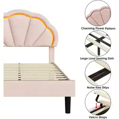 High-quality bed frame with charming flower pattern, large load-bearing slats, noise-free strips, and velcro straps for a sturdy and comfortable sleeping experience. Perfect for modern bedrooms.