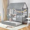 Cute grey house-shaped kids bed with canopy and under-bed storage drawer, perfect for children's bedrooms, playroom furniture, and sleepover fun.