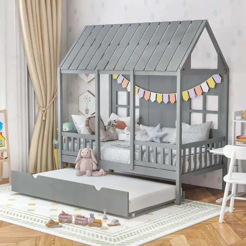 Cute grey house-shaped kids bed with canopy and under-bed storage drawer, perfect for children's bedrooms, playroom furniture, and sleepover fun.