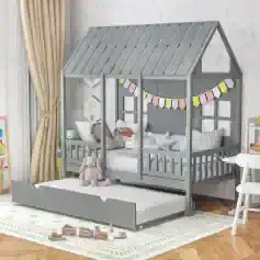 A charming children's house bed designed like a miniature home with colorful bunting, perfect for a cozy and playful bedroom, offering fun and storage solutions for kids.