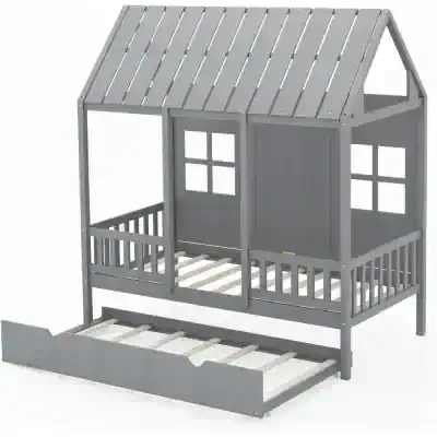 Wooden playhouse for kids with balcony and slide, durable outdoor children’s playset, perfect for backyard fun, imaginative play, and outdoor activities.