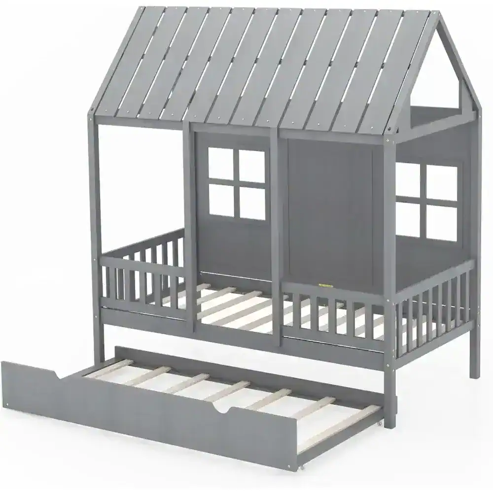 Wooden playhouse for kids with balcony and slide, durable outdoor children’s playset, perfect for backyard fun, imaginative play, and outdoor activities.