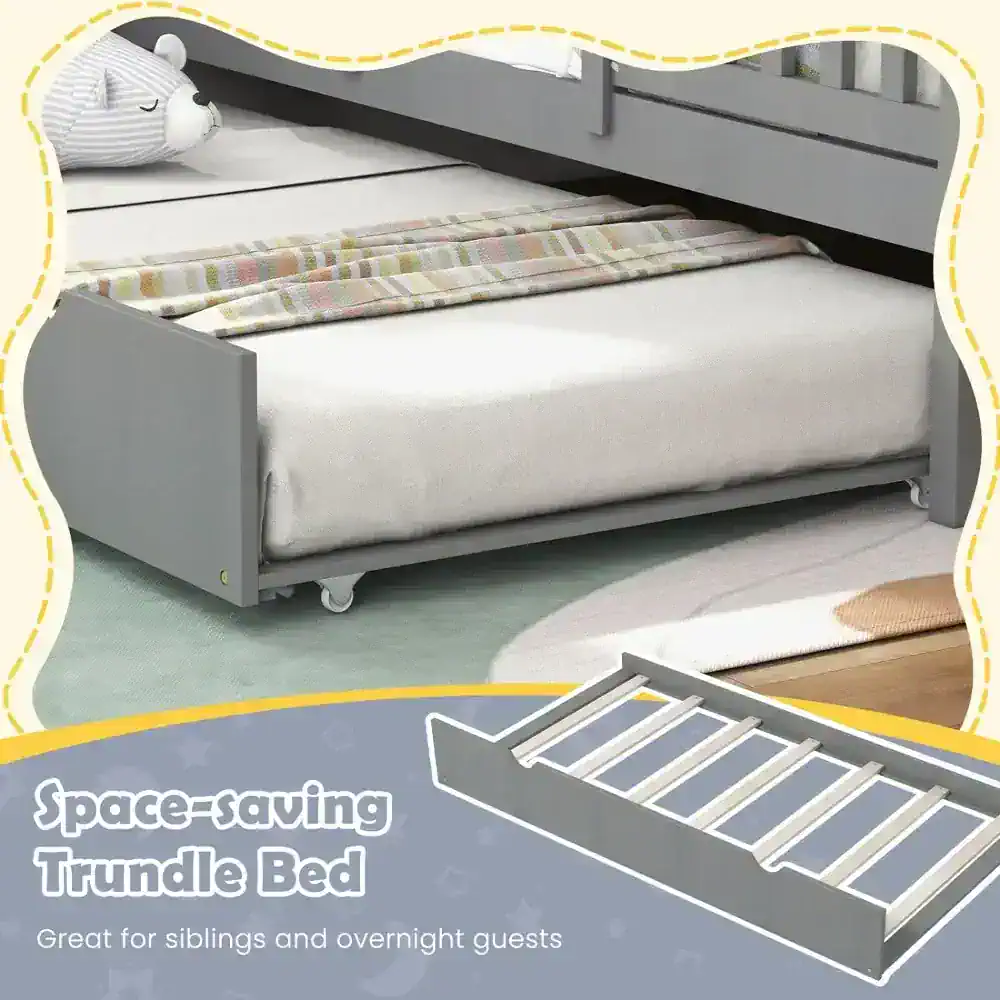 Compact space-saving trundle bed for kids, designed for easy storage and extra sleeping space in bedrooms, perfect for siblings and overnight guests.