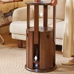 Stylish wooden nightstand with a multi-layered storage design, suitable for bedroom organization and modern interior decor.