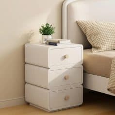 White Solid Wood Nightstand with Leather Surface and Drawers