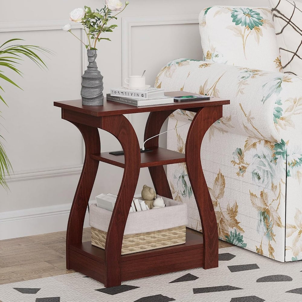 Elegant wooden side table for living room decor, featuring a lower shelf and smooth finish, perfect for holding lamps, books, or decorative items in an upscale home setting.