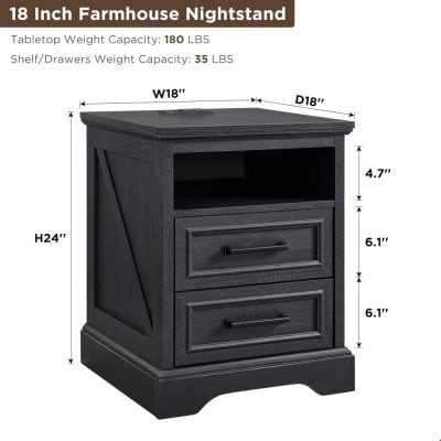 Dark wooden farmhouse nightstand, featuring two spacious drawers and an open shelf for storage, perfect for enhancing bedroom aesthetics.