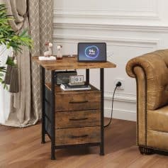Wooden side table with drawers, perfect for living rooms, bedroom storage, or home office organization, featuring a sturdy metal frame and rustic finish.