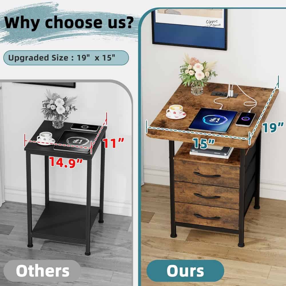 19'' Large Bedside Table Set of 2 with Charging Station and 3 Fabric Drawers - Image 5