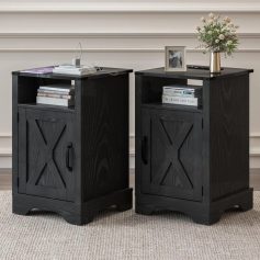 Stylish black wooden bedside tables with storage cabinet and open shelving, perfect for bedroom decor, home organization, and adding a contemporary touch to your space.