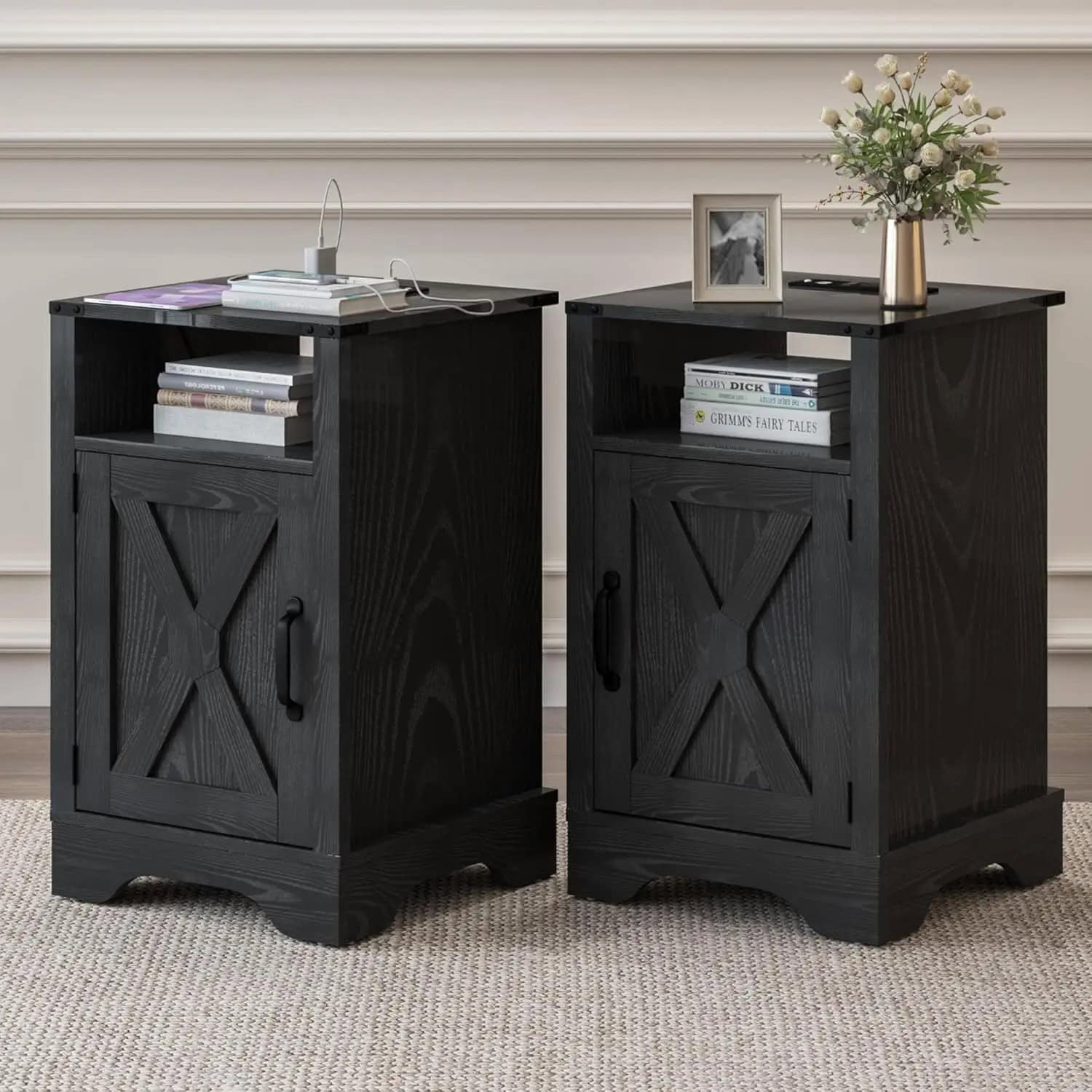 Stylish black wooden bedside tables with storage cabinet and open shelving, perfect for bedroom decor, home organization, and adding a contemporary touch to your space.