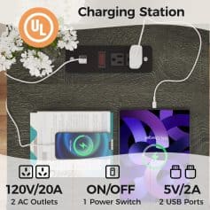 Portable charging station with USB ports and power switch, ideal for fast device charging. Perfect for home, office, or travel use for smartphones, tablets, and other electronic devices.