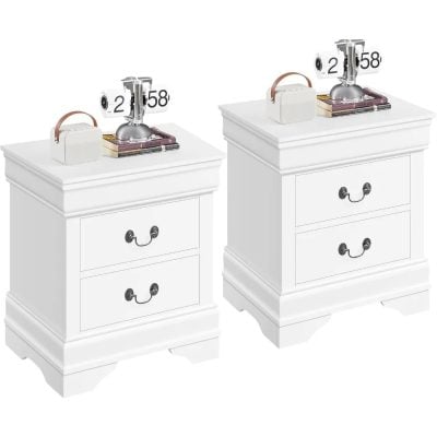 White bedroom nightstands with drawers, modern storage furniture for bedroom organization, stylish and functional bedside tables.