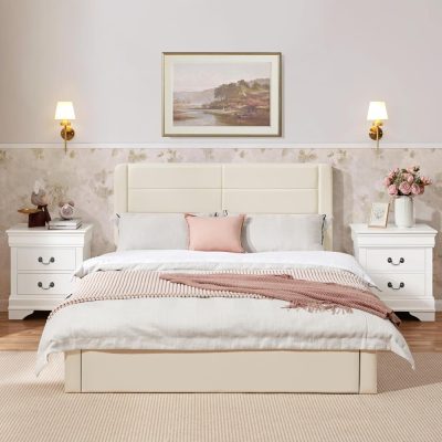 Elegant bedroom setting with white bed, pink accents, soft lighting, floral decor, and cozy ambiance, perfect for a relaxing and stylish bedroom experience.