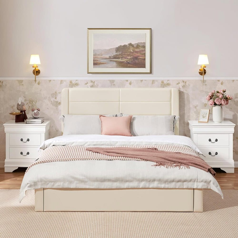 Elegant bedroom setting with white bed, pink accents, soft lighting, floral decor, and cozy ambiance, perfect for a relaxing and stylish bedroom experience.