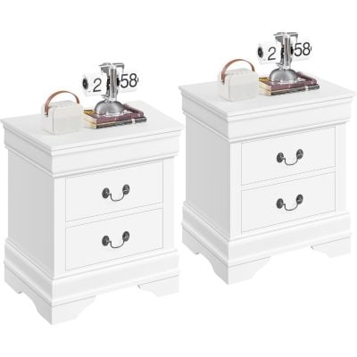 Elegant white nightstands with drawers, perfect for bedroom storage and decor. Features classic design, sturdy construction, and convenient size for modern bedrooms.