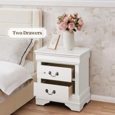 Customizable bedroom nightstand with two functional drawers, stylish design, and ample storage space. Perfect for modern and classic bedroom decor.