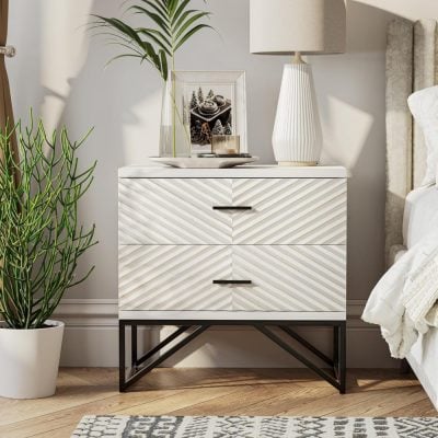 Stylish white modern bedroom nightstand with textured diagonal stripe design, black metal legs, and spacious drawers, ideal for enhancing bedroom decor and storage.