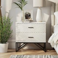 Stylish white bedroom side table with textured chevron pattern, black metal base, perfect for bedroom decor and storage. Enhances room aesthetics and functionality at Monalisa Store.