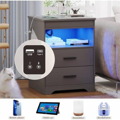 Smart bedroom furniture with built-in USB and Type-C charging ports for convenience and style. Features elegant drawers, LED lighting, and tech-friendly design ideal for contemporary homes.