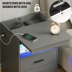 Secure nightstand featuring gun drawer with lock, wireless phone charger, and alarm clock, perfect for safe and functional bedroom organization.
