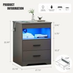 LED nightstand with Bluetooth, USB, and Type-C ports for convenient charging and lighting regulation. Stylish furniture ideal for bedroom and living room setup.