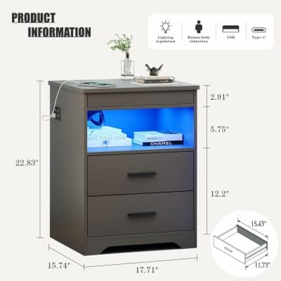LED nightstand with Bluetooth, USB, and Type-C ports for convenient charging and lighting regulation. Stylish furniture ideal for bedroom and living room setup.