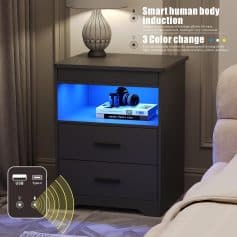 Optical nightstand with color-changing LED lights, remote control, and smart induction technology, perfect for enhancing bedroom ambiance and convenience.