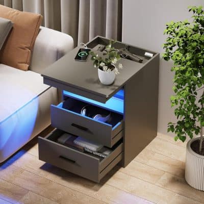 Stylish ergonomic bedside table designed for optical clinics and eyewear stores, featuring convenient drawers and wireless charger for optometrist essentials.