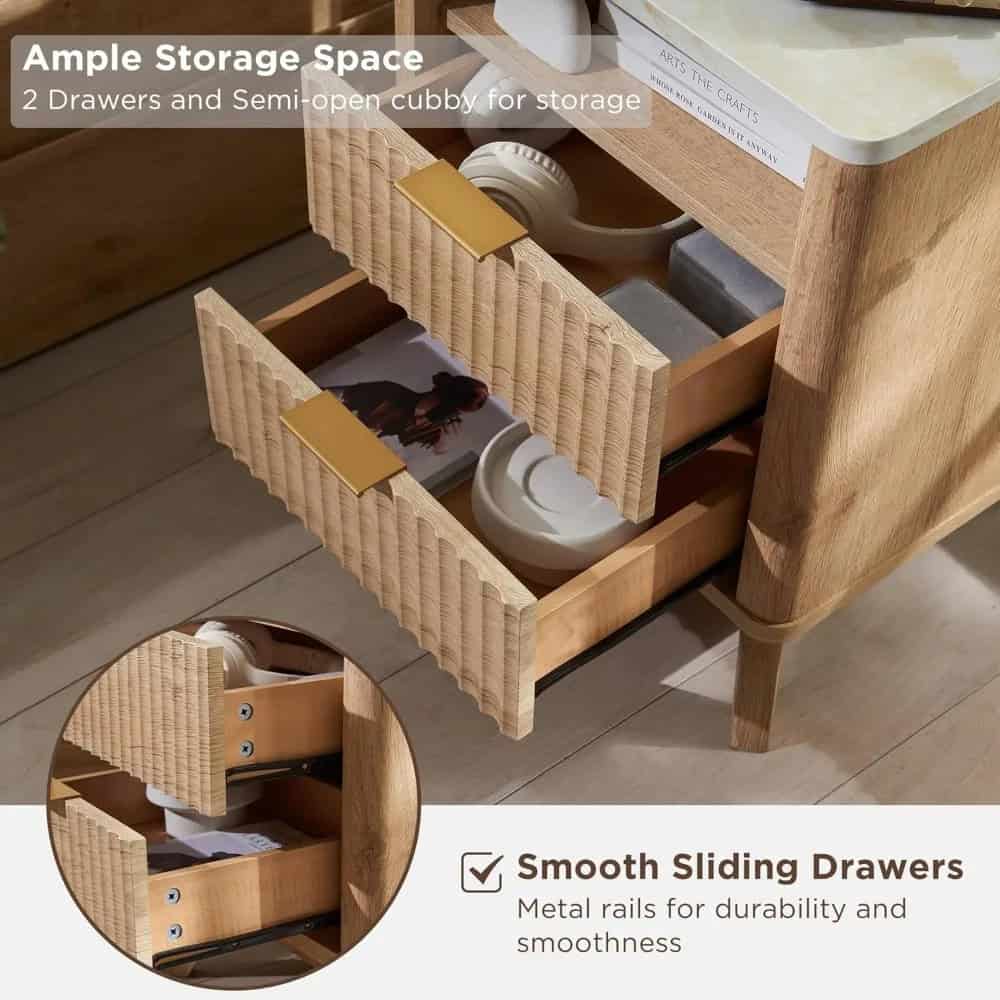 Modern Fluted Nightstand with Charging Station, Faux Marble Top, and Storage - Image 4