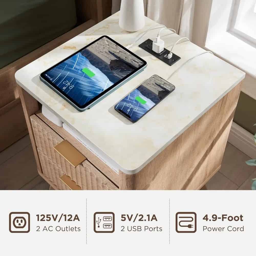 Modern Fluted Nightstand with Charging Station, Faux Marble Top, and Storage - Image 5