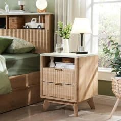 Stylish wooden nightstand featuring two drawers, a white tabletop, a table lamp, and decor accents in a cozy bedroom setting. Perfect for enhancing bedroom decor and organizing essentials.