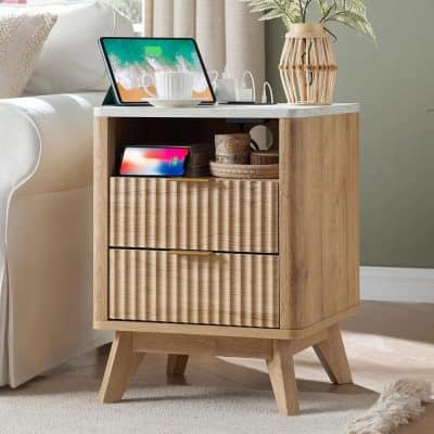 Elegant wood nightstand with drawers, ideal for bedroom organization and style enhancement.