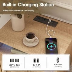 Coffee cup on a wooden table near a power outlet with charging gadgets, emphasizing a built-in charging station for safe, efficient device power management in modern settings.