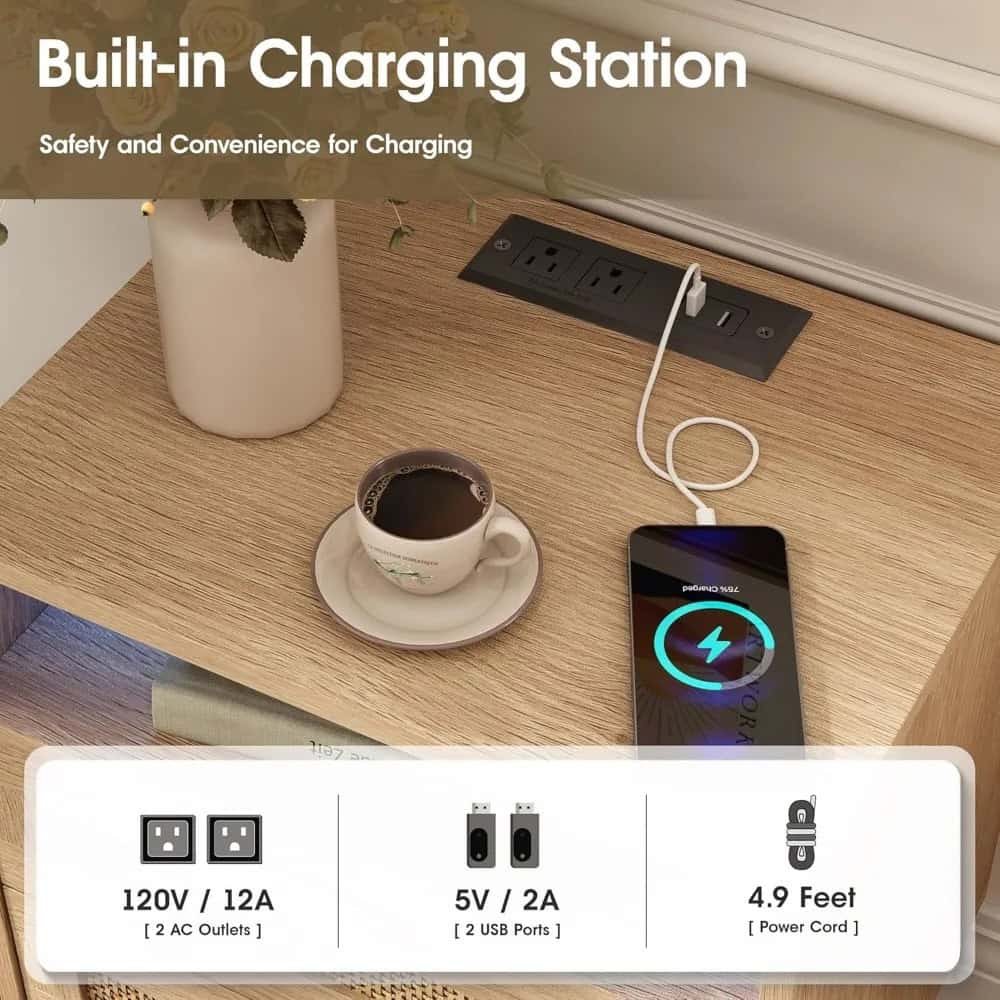 Coffee cup on a wooden table near a power outlet with charging gadgets, emphasizing a built-in charging station for safe, efficient device power management in modern settings.