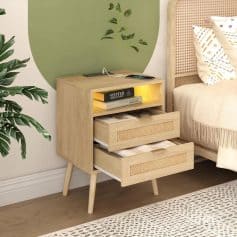 Stylish wooden nightstand featuring two spacious drawers with woven fronts, perfect for bedroom storage. Contemporary design complements modern bedroom decor, creating a relaxing and organized space.