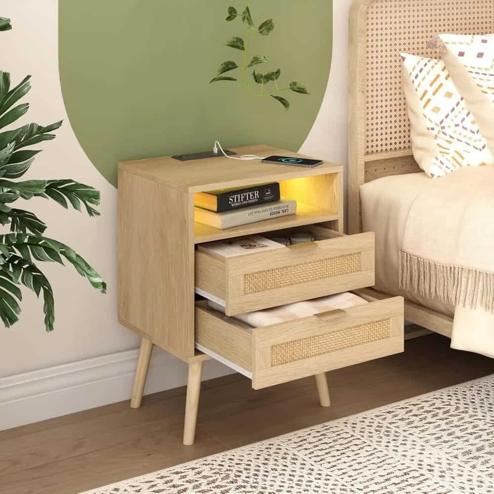 Stylish wooden nightstand featuring two spacious drawers with woven fronts, perfect for bedroom storage. Contemporary design complements modern bedroom decor, creating a relaxing and organized space.