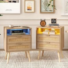 Contemporary wooden nightstands with integrated LED lights, wicker drawer accents, and sleek design for elegant bedroom organization.