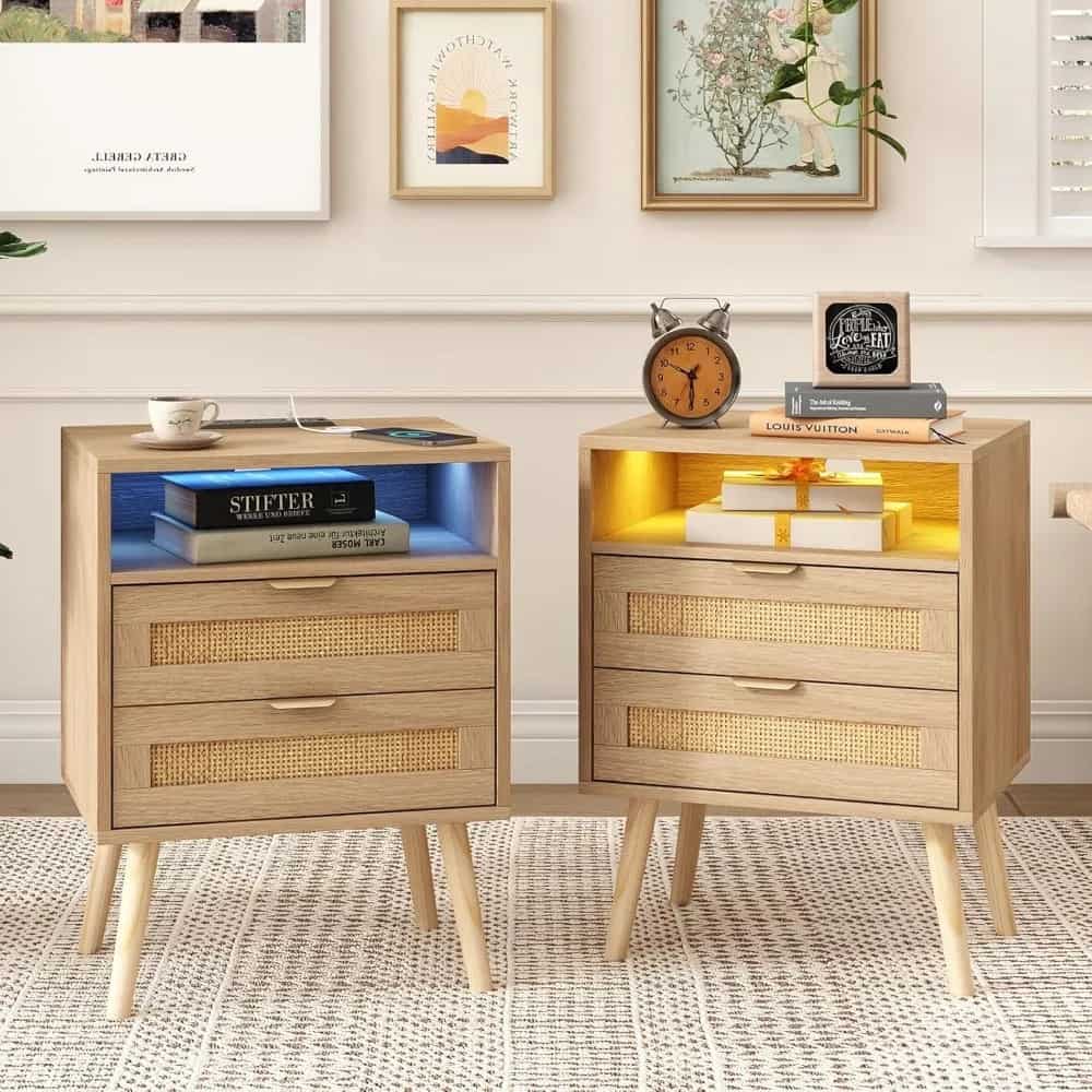 Contemporary wooden nightstands with integrated LED lights, wicker drawer accents, and sleek design for elegant bedroom organization.