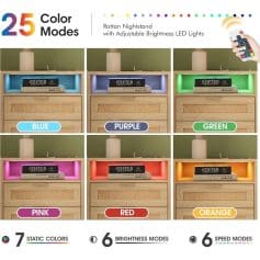 Remote-controlled RGB nightstand with 25 color modes, adjustable brightness, and speed settings, ideal for modern bedroom decor and mood lighting.