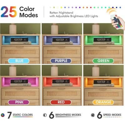 Remote-controlled RGB nightstand with 25 color modes, adjustable brightness, and speed settings, ideal for modern bedroom decor and mood lighting.