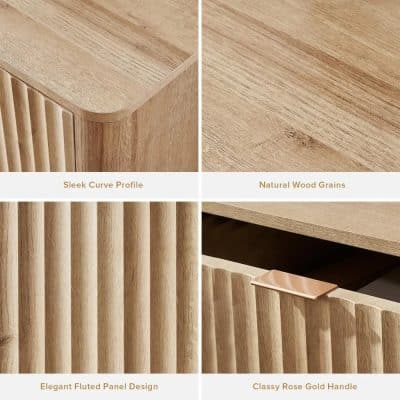 High-quality natural wood grains and sleek curved profile in minimalist furniture, featuring elegant fluted panel design and a classy rose gold handle for a stylish look.