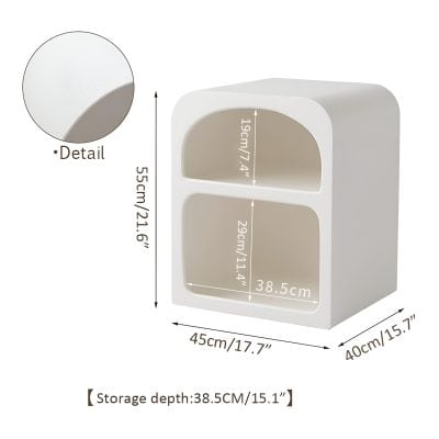 An elegant white storage cabinet designed for optical equipment, featuring two spacious compartments, measuring 19cm x 38.5cm and 29cm x 38.5cm, ideal for organizing glasses, contacts, and eye care tools.